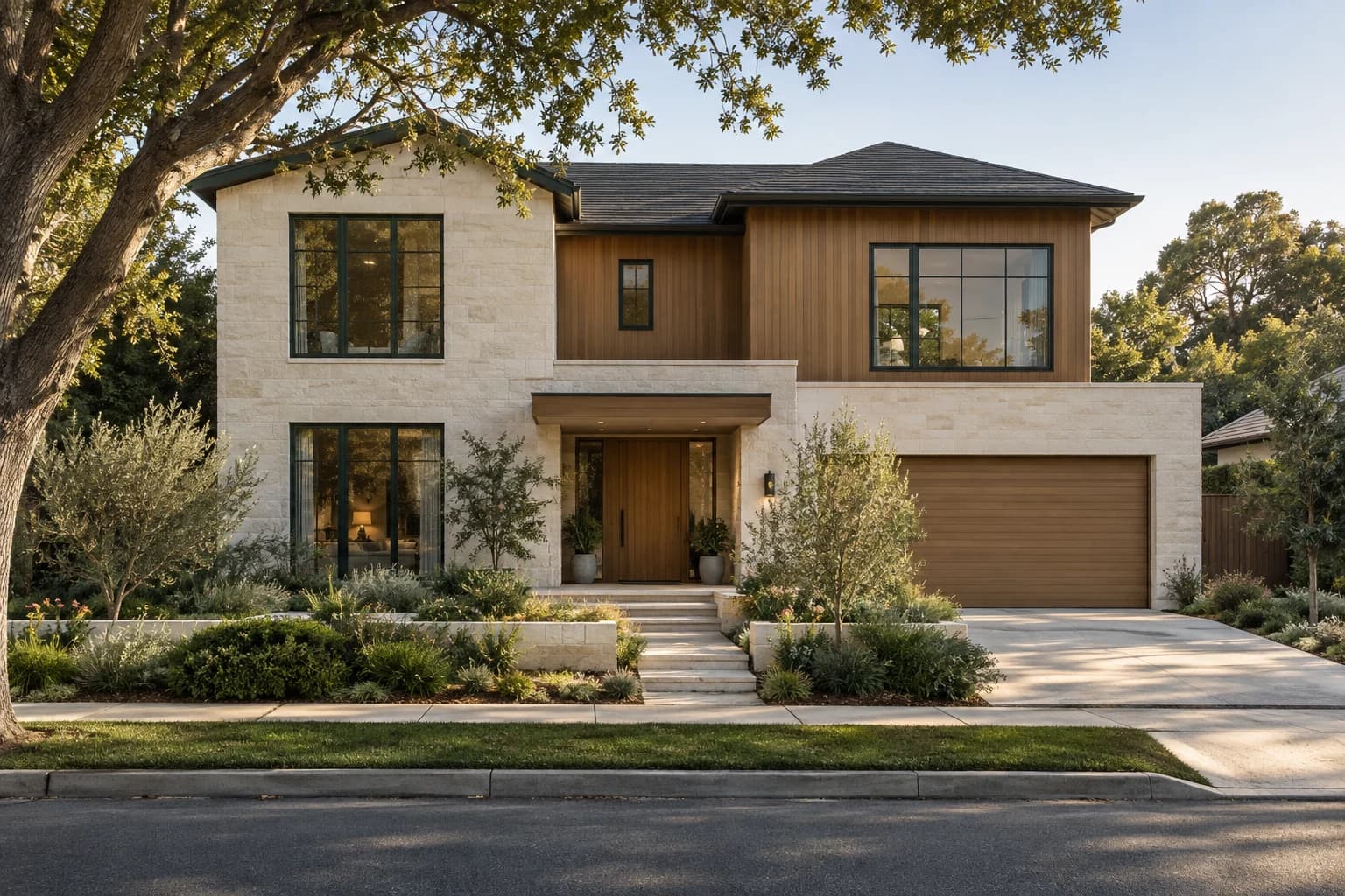 A warm contemporary home surrounded by mature trees and native gardens